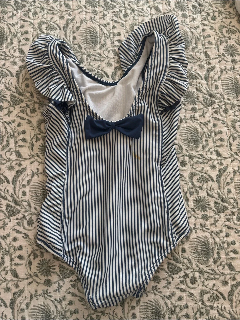Ruffle Butts Navy and White Striped Ruffle One-Piece with Pink Logo